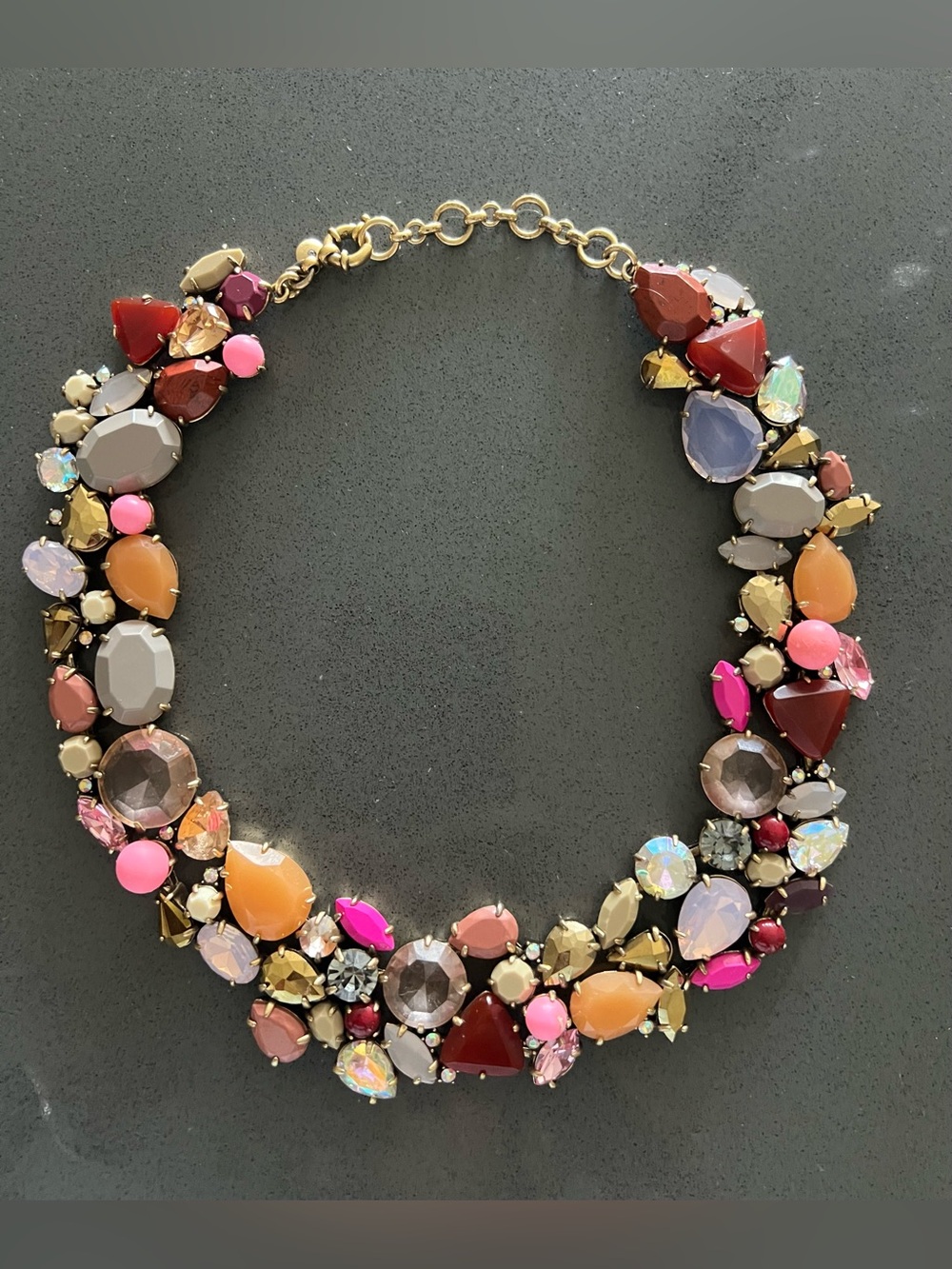 JCREW Bib Statement Necklace Multi Color Pinks Crystal Taupe Gray Gold